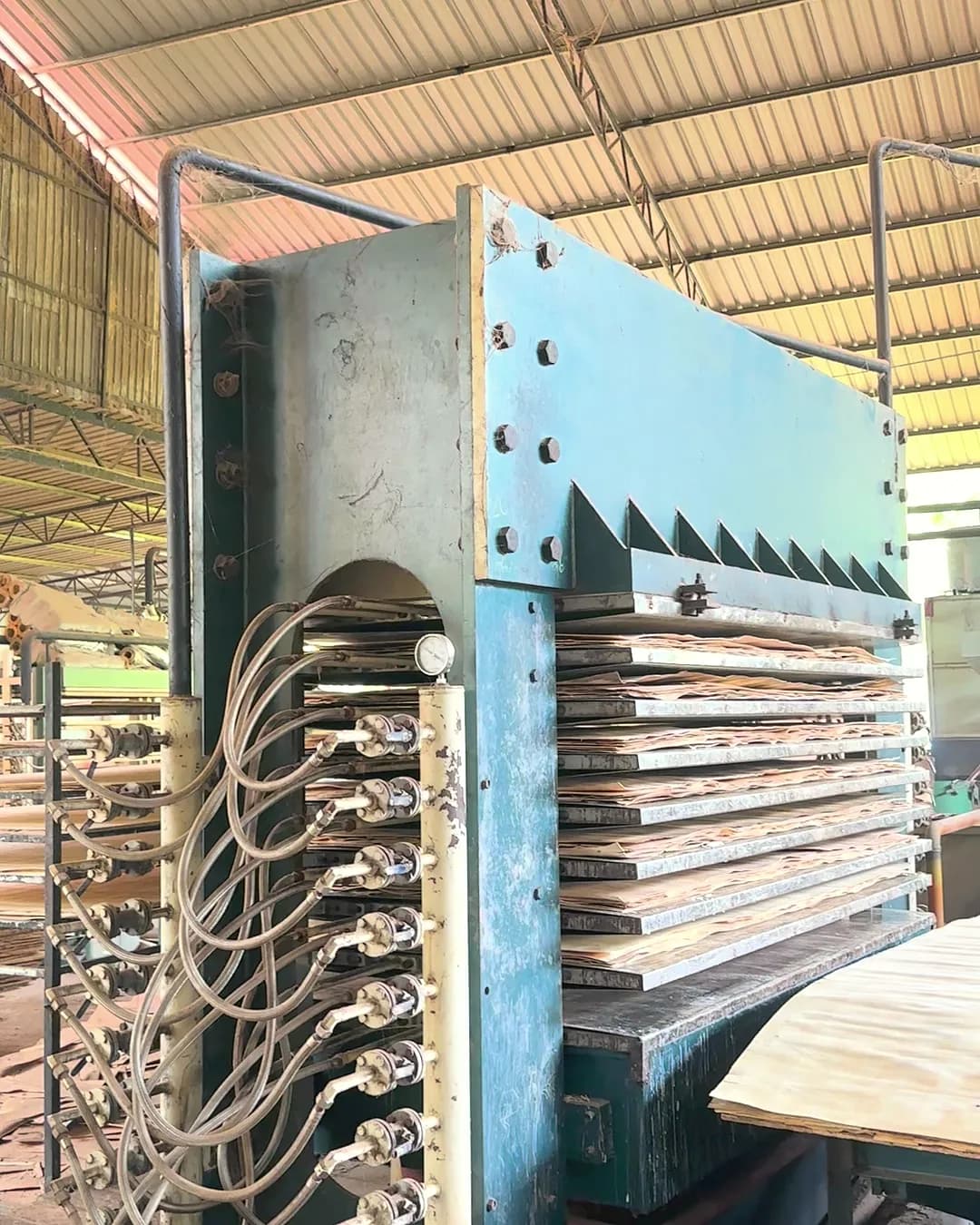 A member of the Chalaka team at the plywood press